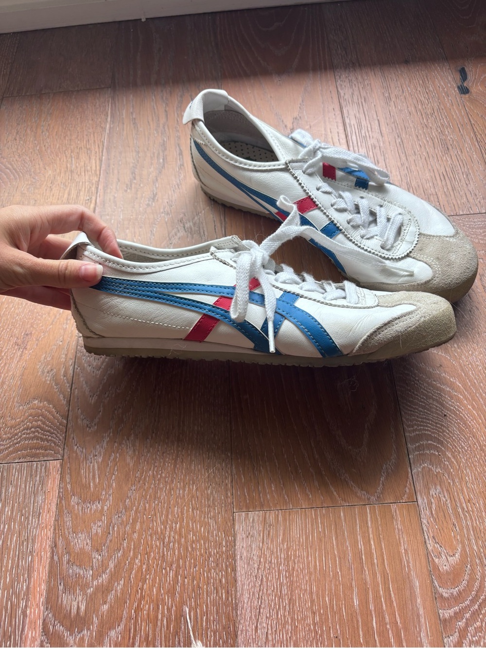 Onitsuka Tiger by Asics White Sneakers with Blue and Red Stripes